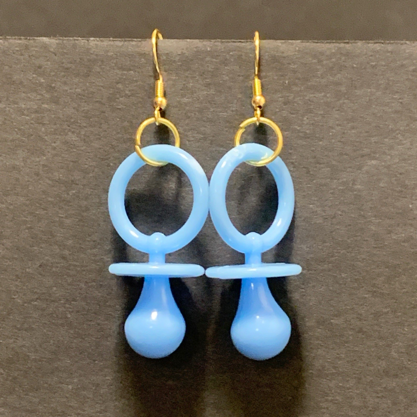 Blue Pacifier Earrings Gold Handmade Baby Shower Gender Twee Kidcore Whimsy
