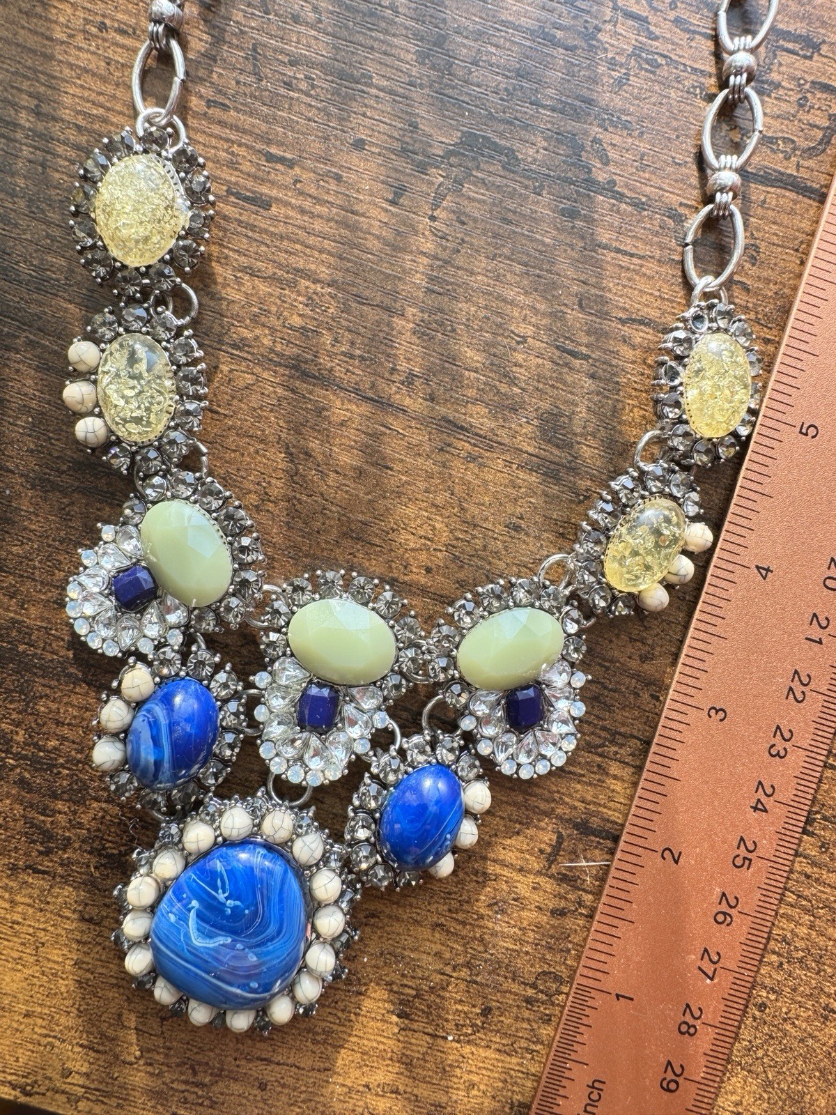Chunky Boho Rhinestone Bib Statement Necklace Cobalt Blue Mint Green Mixed Media
