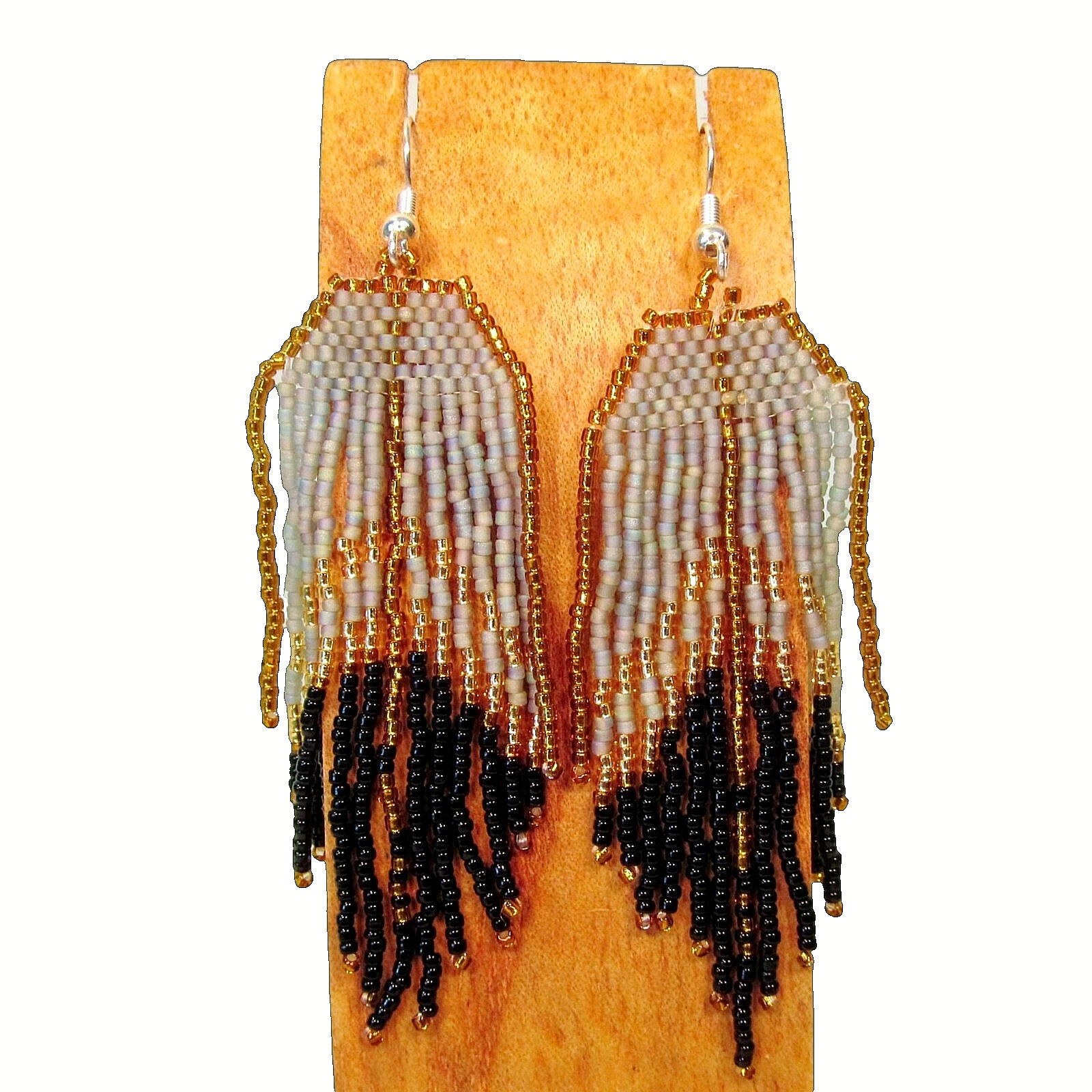 3″ LONG Handmade Black Silver Gold Color Chandelier Boho Seed Bead Earrings