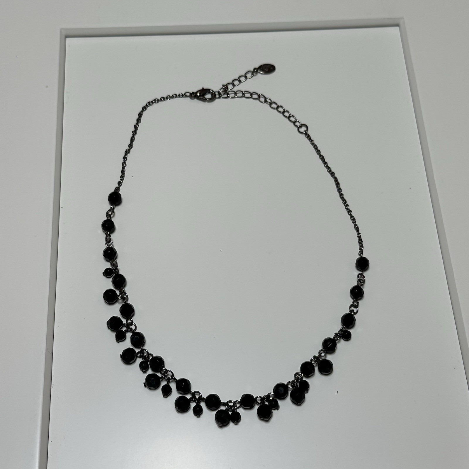 Black Beaded Necklace With Gunmetal Tone Metal Chain