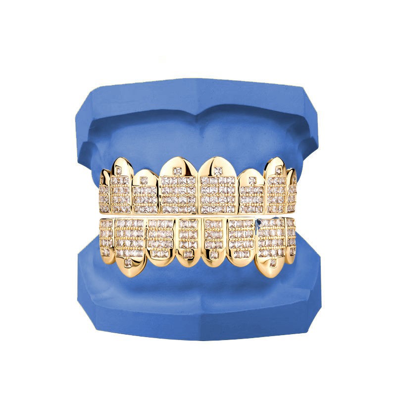 14K GP HipHop Teeth Dental Caps Grillz PrincessCut Grills Set W/ Wax Real CZ