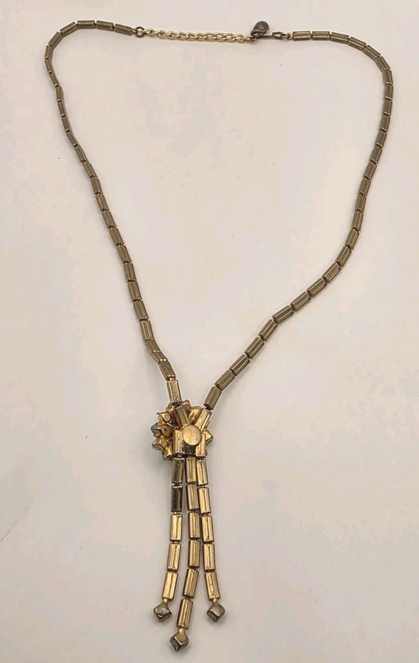 Vintage Art Deco Blue Cabachon W/Faux Pearl Lariat Style Necklace