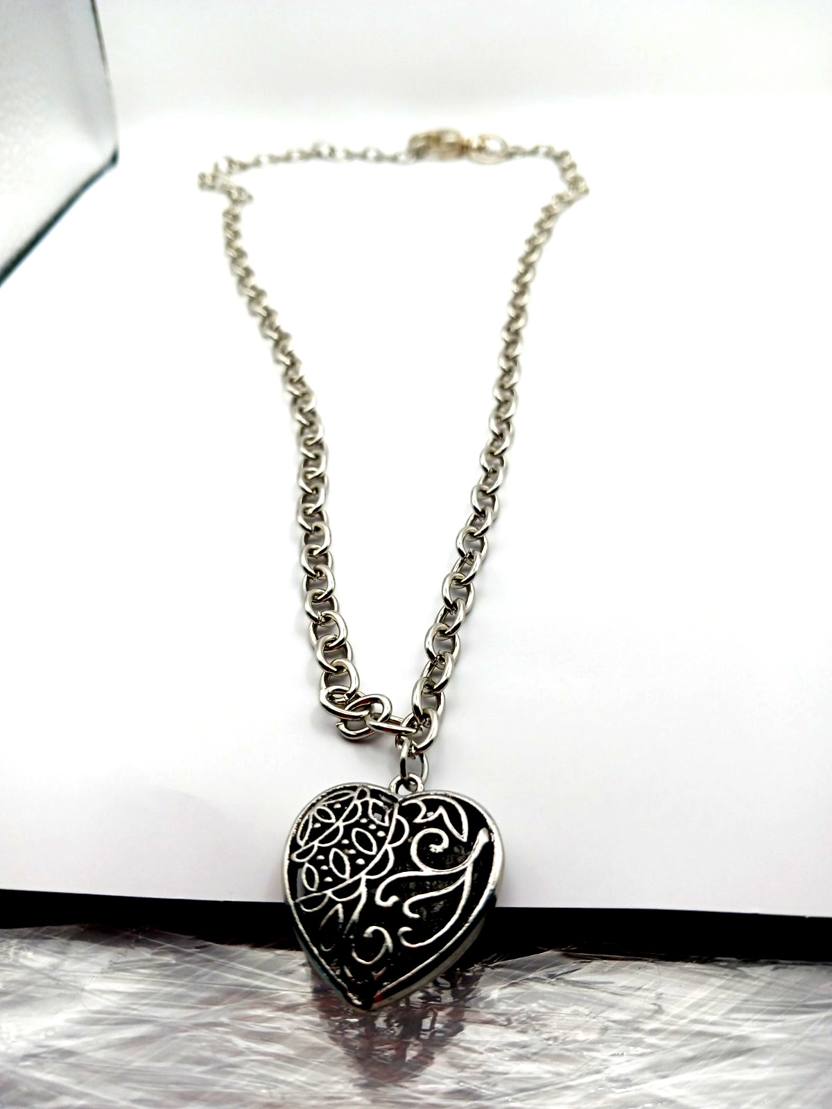 Black + Silver Gothic Heart Pendant with Silvertone Chain 21 Inches