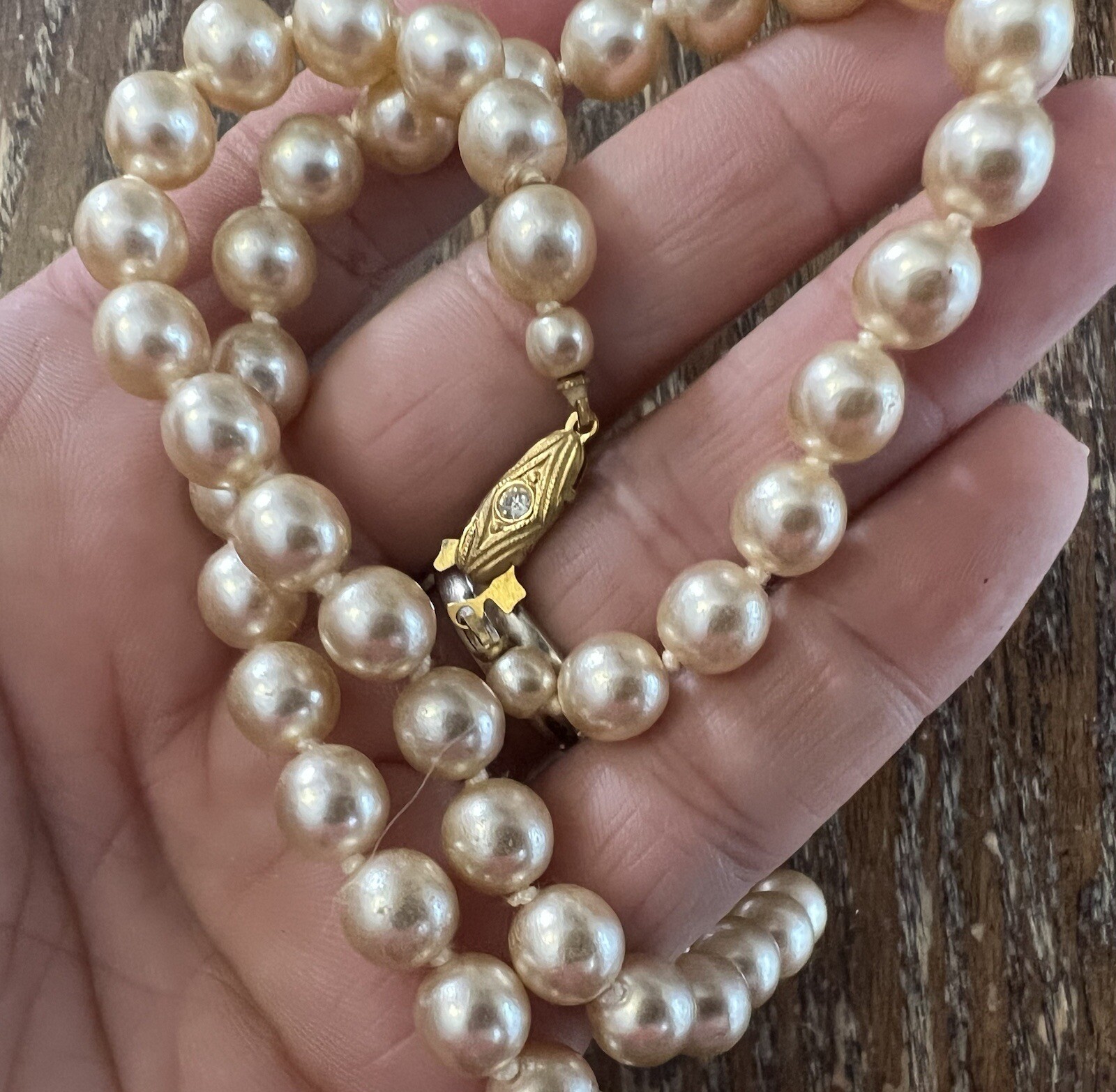 Vintage Cream Champagne Glass Pearl Knot Crystal Gold Plated Clasp Necklace