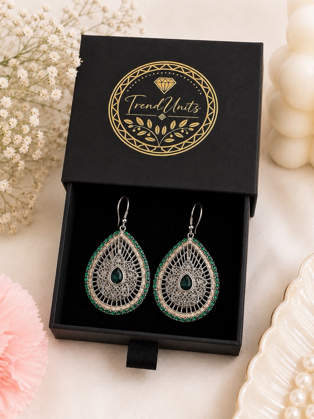 Green Crystal Teardrop Dangle Earrings Silver Tone Gift Box Included
