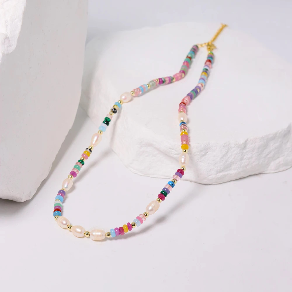 Colored Natural Stone Pearls Necklace Jewelry Women 18K Gold Plated Korean Desig