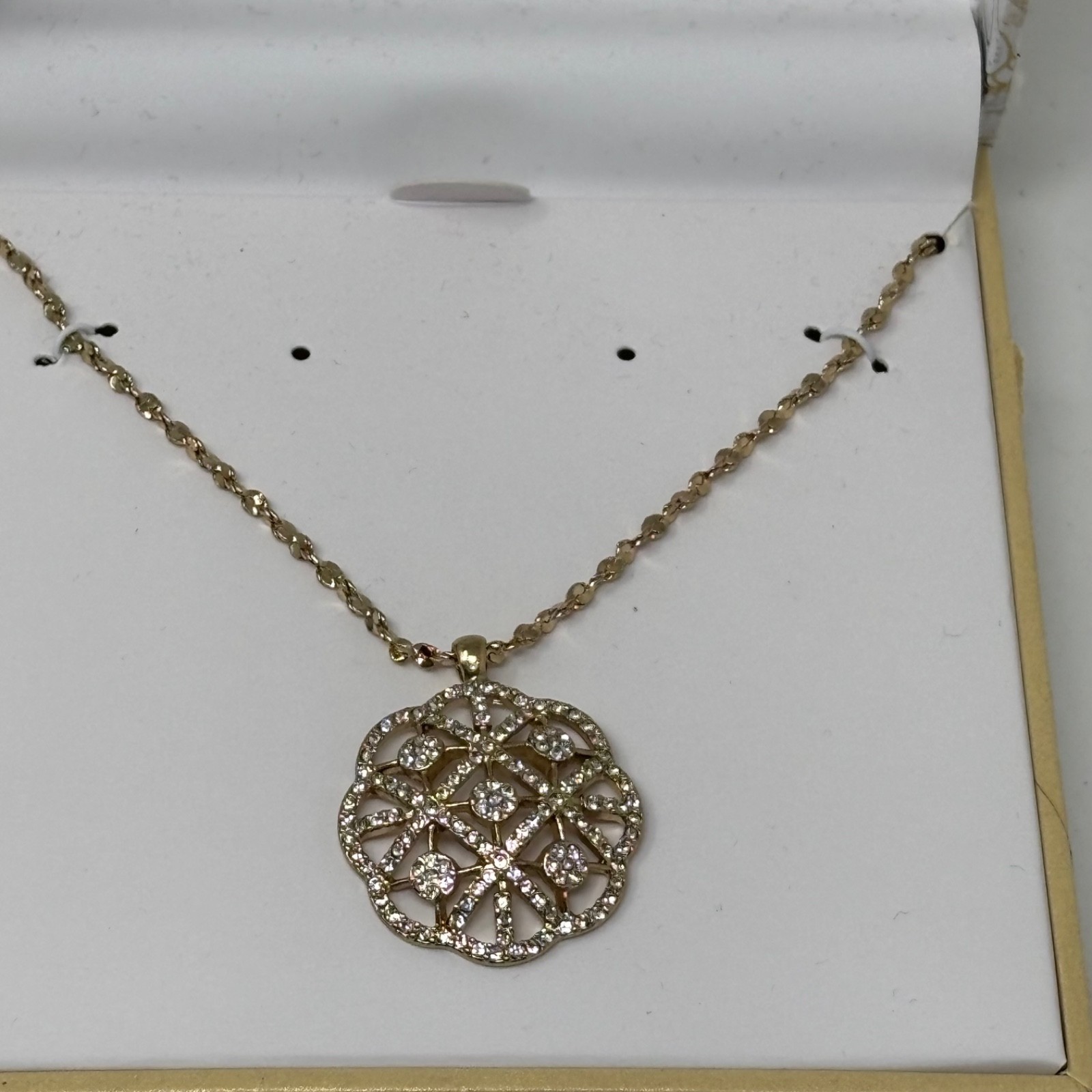 Charter Club Womens Gold Tone Necklace with Clear Crystal Pave Round Pendant 18″