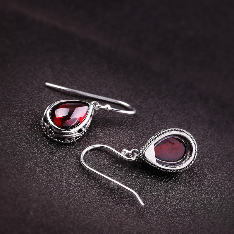 Silver Filigree Teardrop Red CZ Dangle Hook Earrings Vintage Boho Drop Earrings