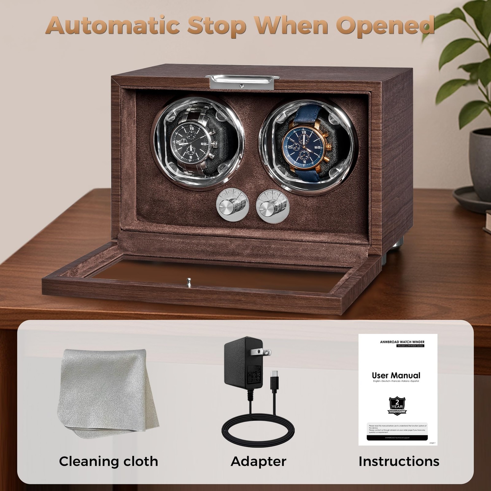 ANWBROAD Double Watch Winder, Automatic 6.49 x 10 x 6.77 inches, Walnut