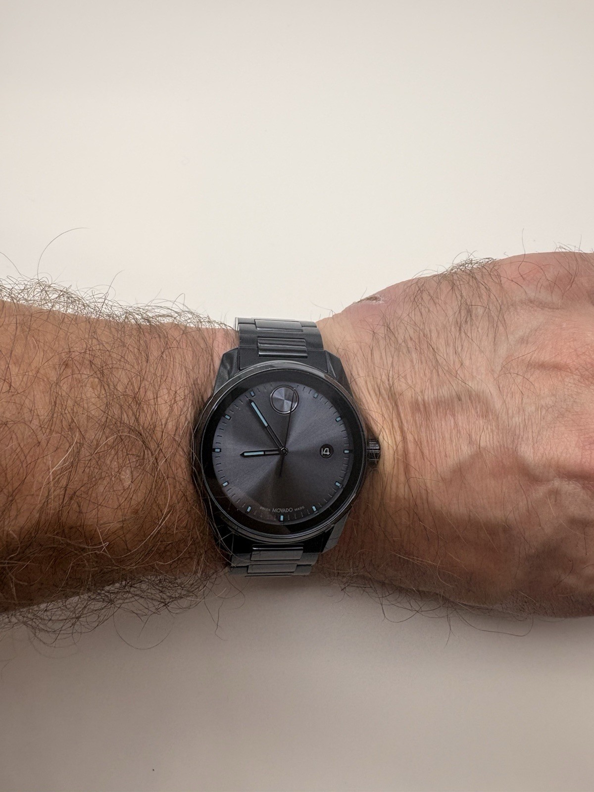 Movado Bold 44mm Black Dial Black SS Bracelet Quartz Date 30m Box Papers