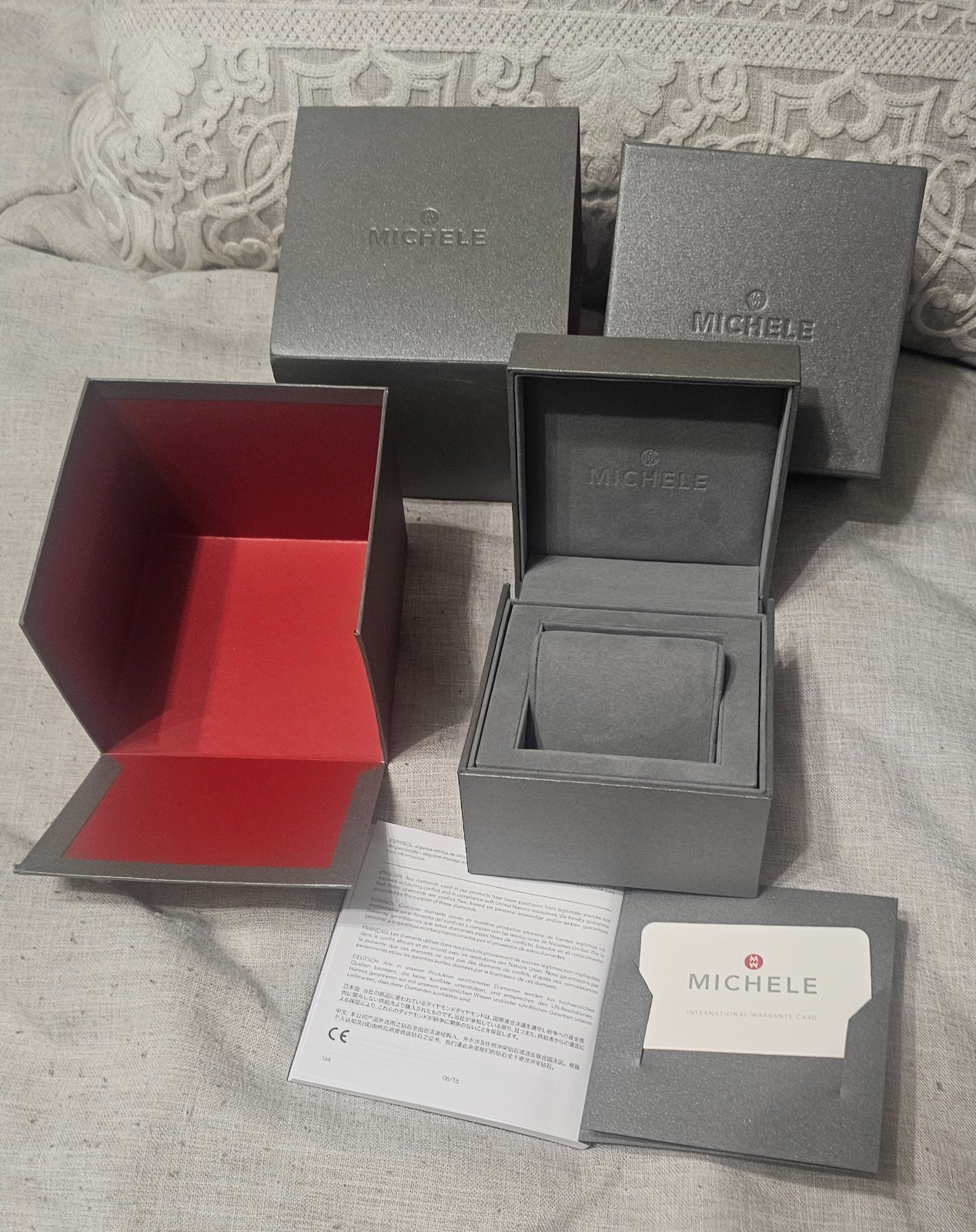 MICHELE Gray Watch Box Storage Case with Instructions Manual Book Warranty Card