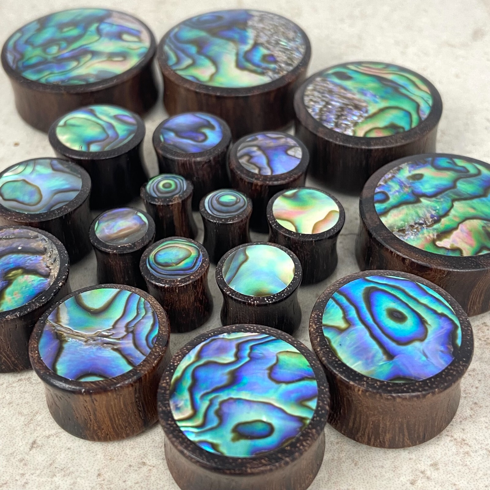 Sono Wood with Abalone Inlay Plugs set gauges PICK SIZE organic