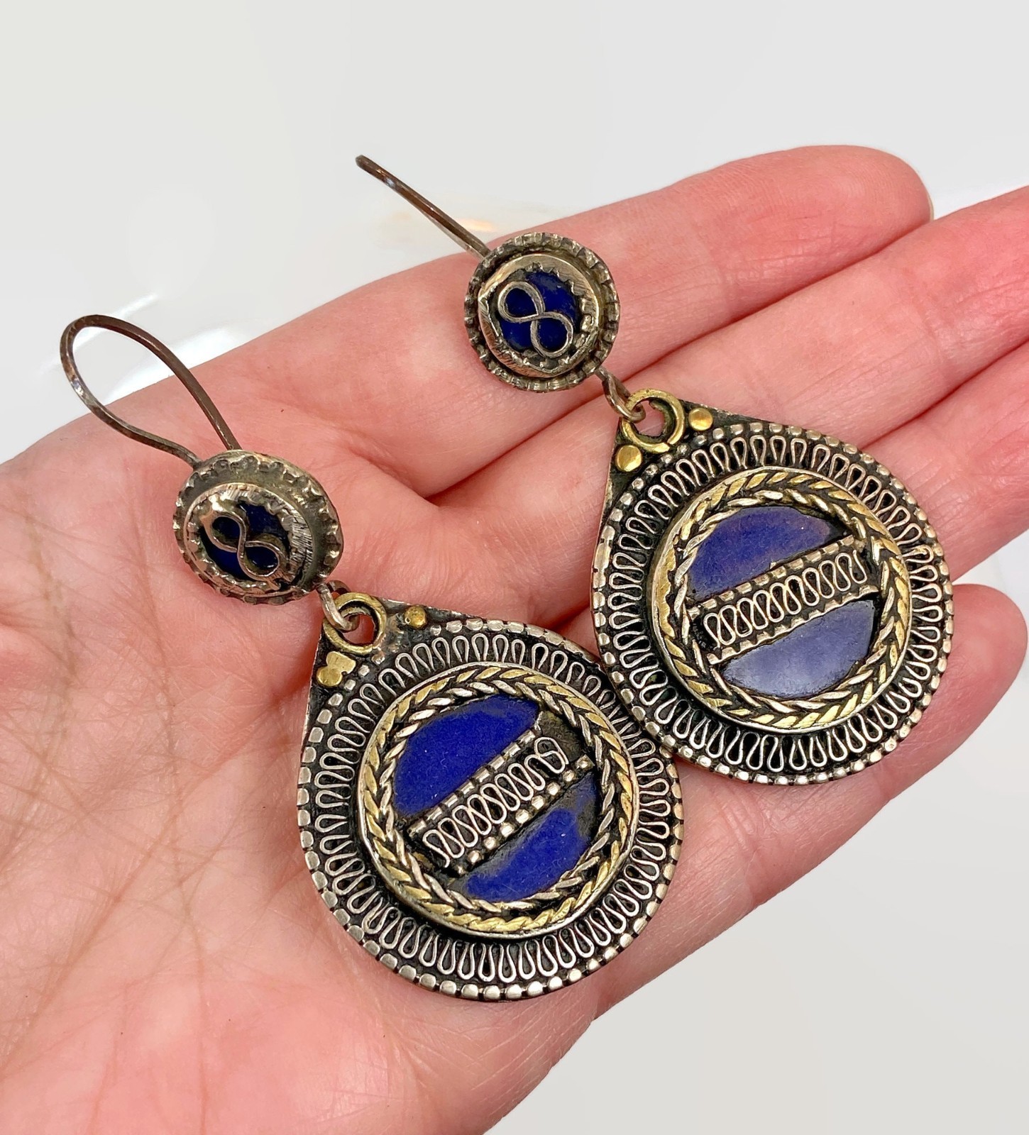 Vintage Afghan Kuchi Earrings: Enameled Cobalt Blue Boho Jewelry