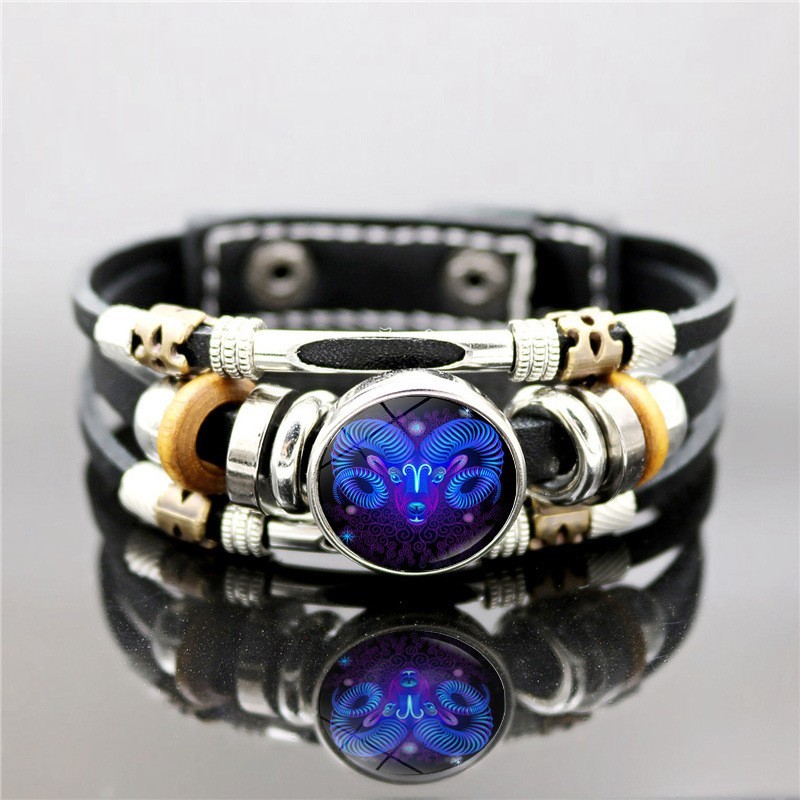 Zodiac Signs Spirit Bracelet, Beaded 12 Constellation Zodiac Leather Bracelet
