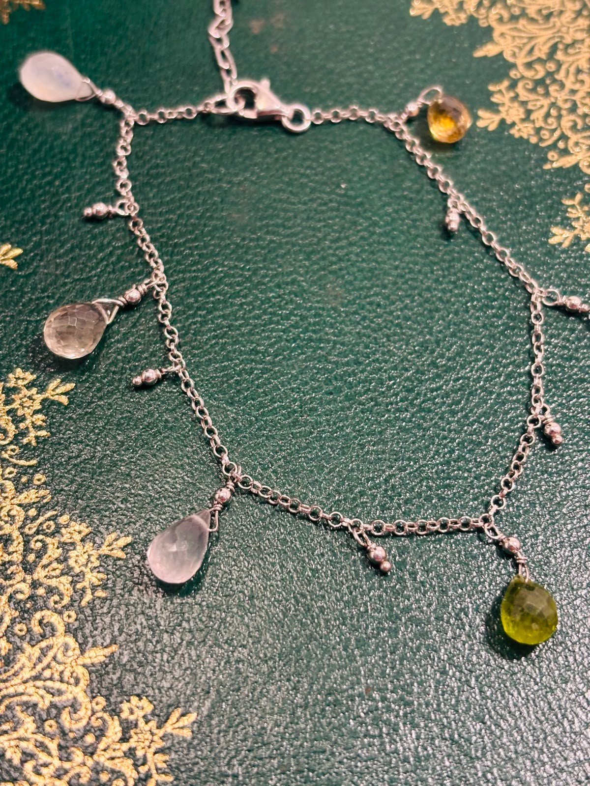 925 Silver Belcher Bracelet Moonstone Peridot Lemon Quartz 8″ Adjustable HMJ094