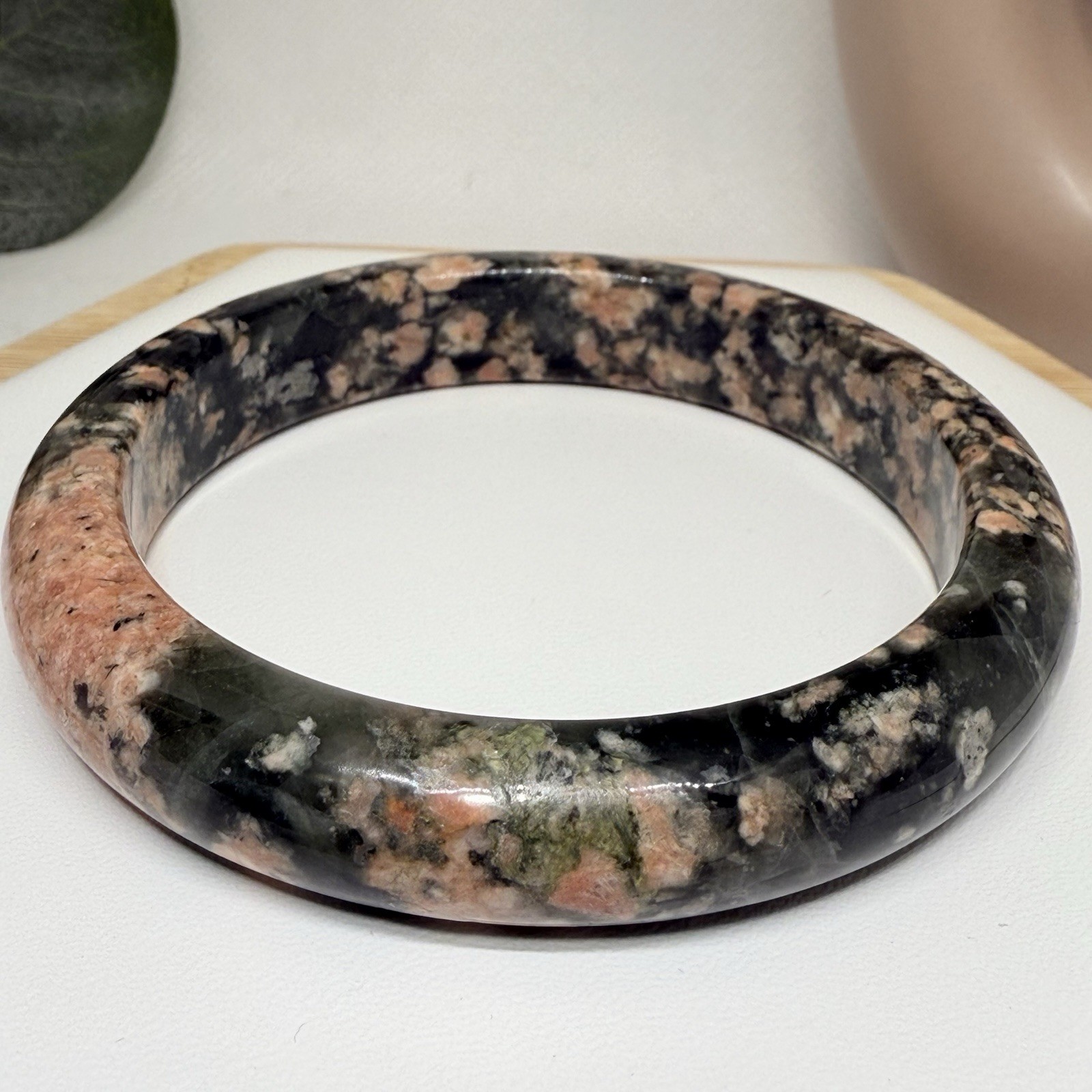 Pink Sakura + Green Rutilated Quartz Hard Bangle Size: 58.3MM Width: 11.6MM
