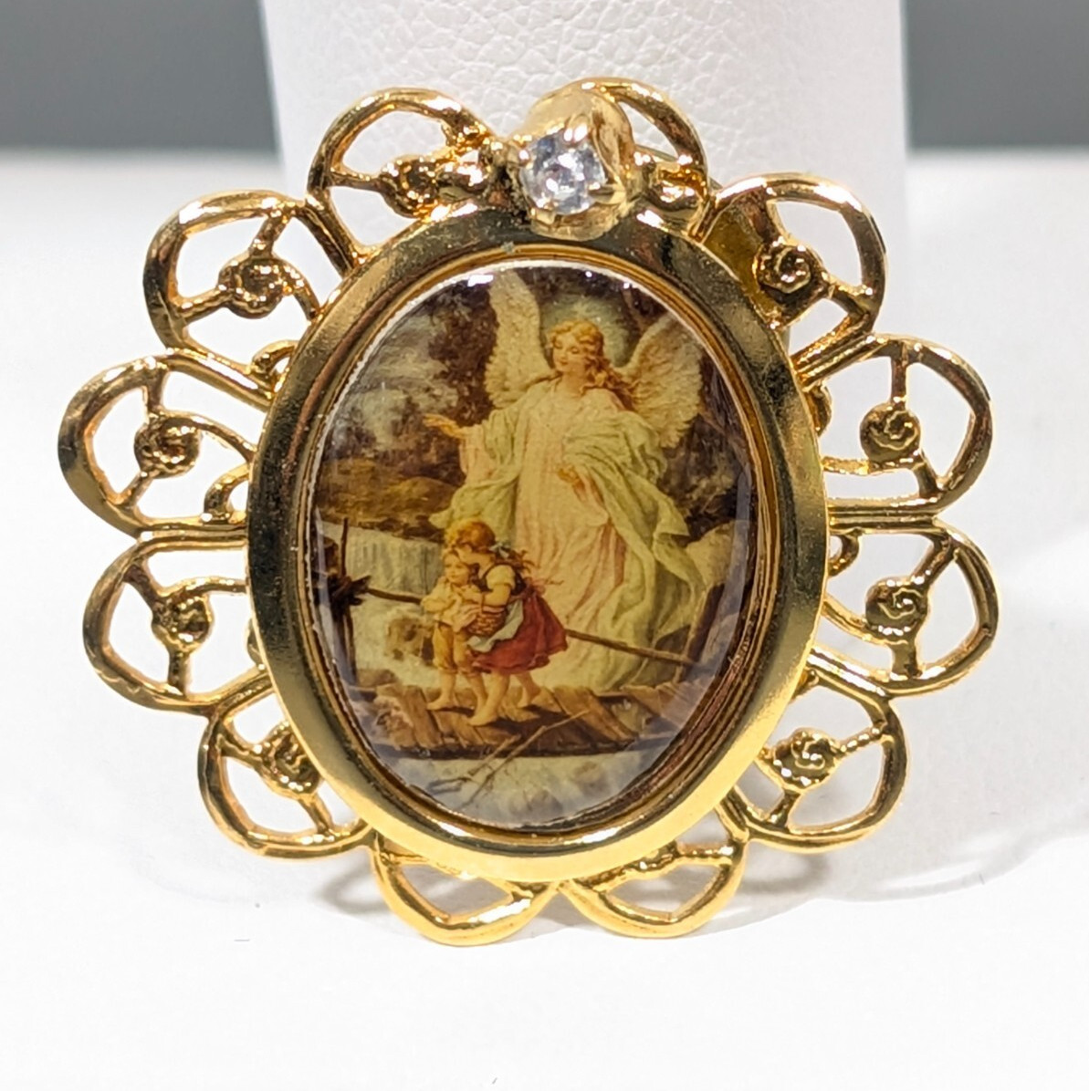 Vintage Guardian Angel Watching Children on Bridge Rhinestone Brooch Pin
