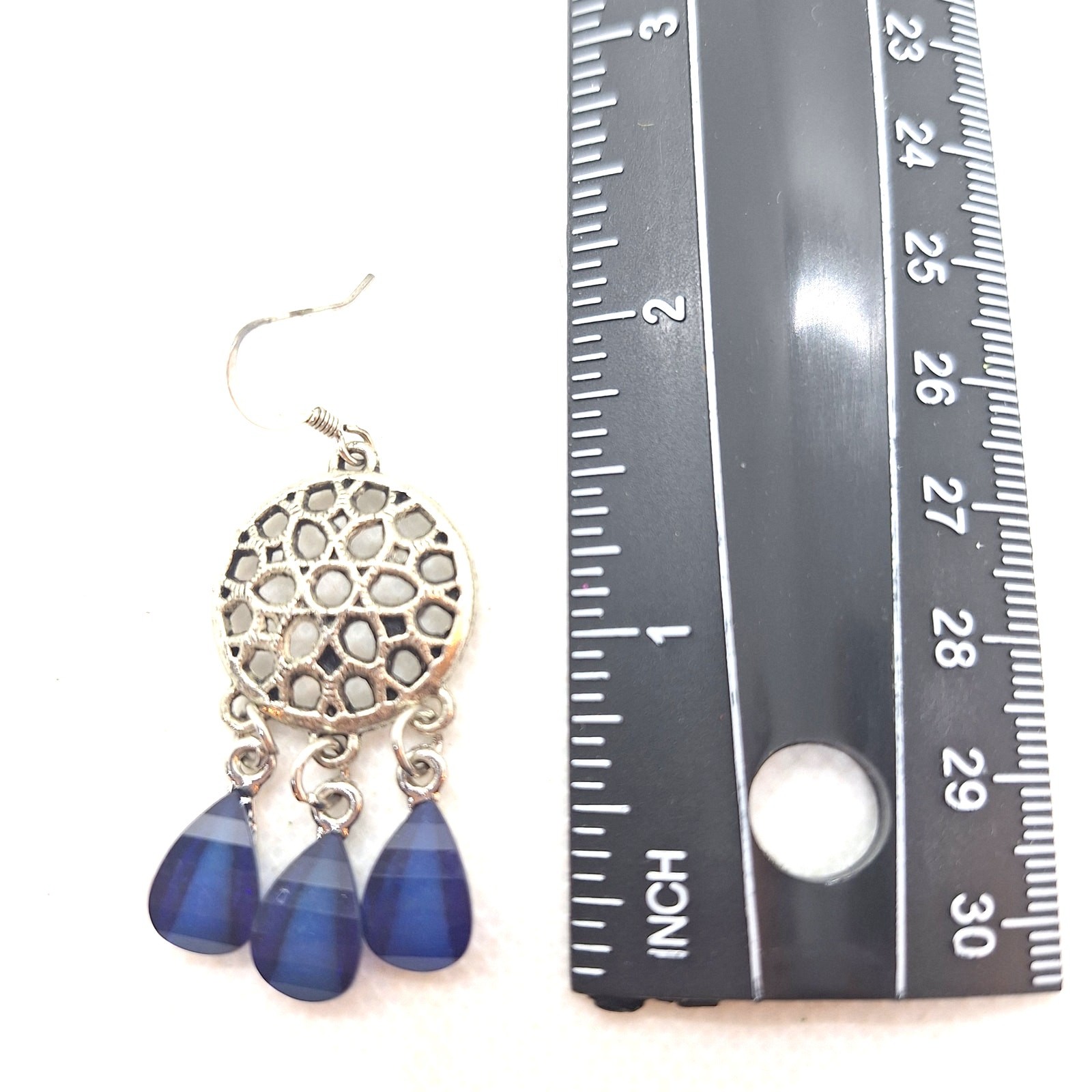 Chandelier Earrings Silver Tone Blue Acrylic Stones Fish Hook Earwires