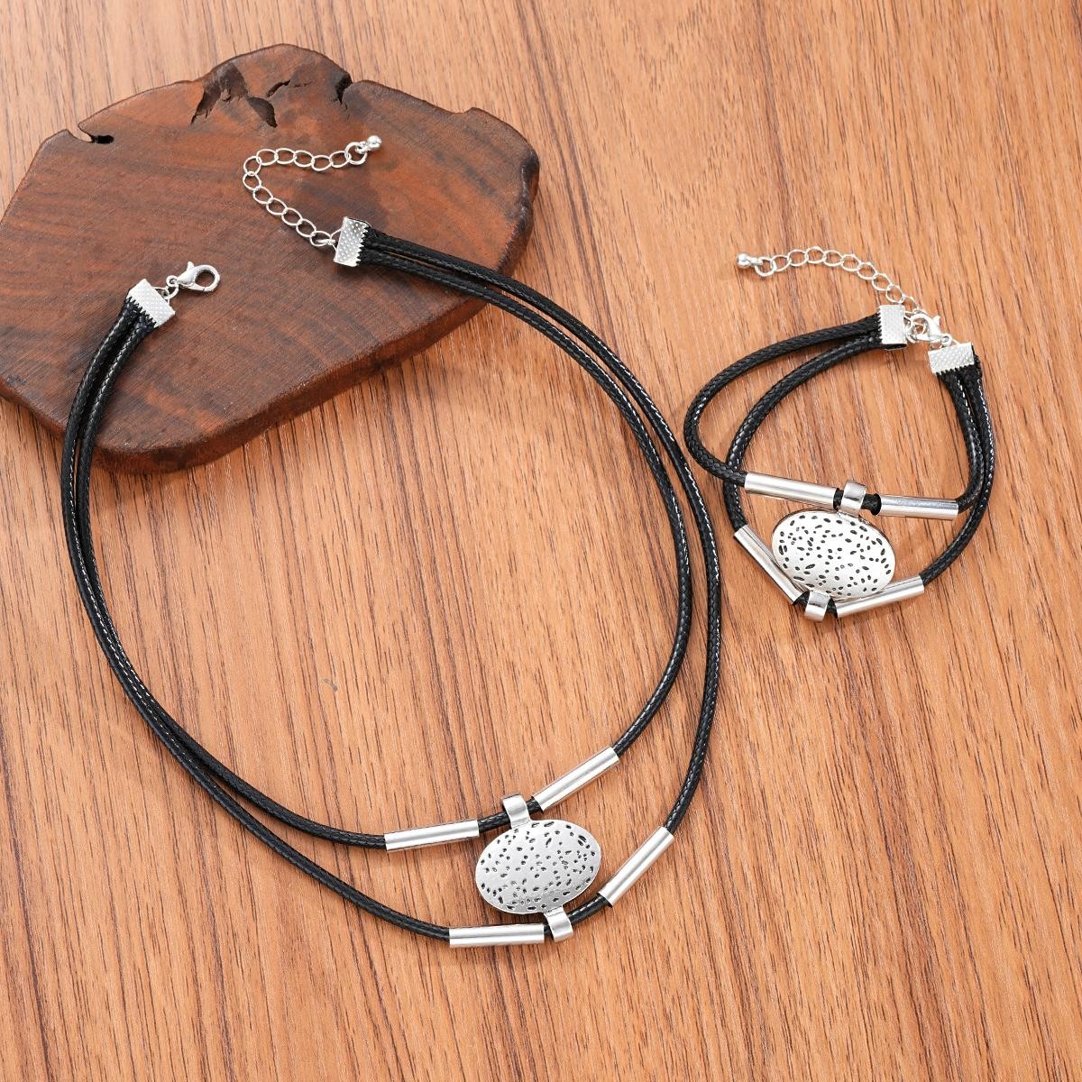 Vintage Oval Faux Leather Necklace Bracelet Set Women Gold Silver 2pc Jewelry
