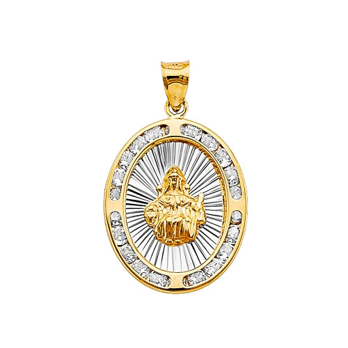 14K Two Tone Gold zirconia Oval Santo Nino De Atocha Pendant | 28mm x 17mm