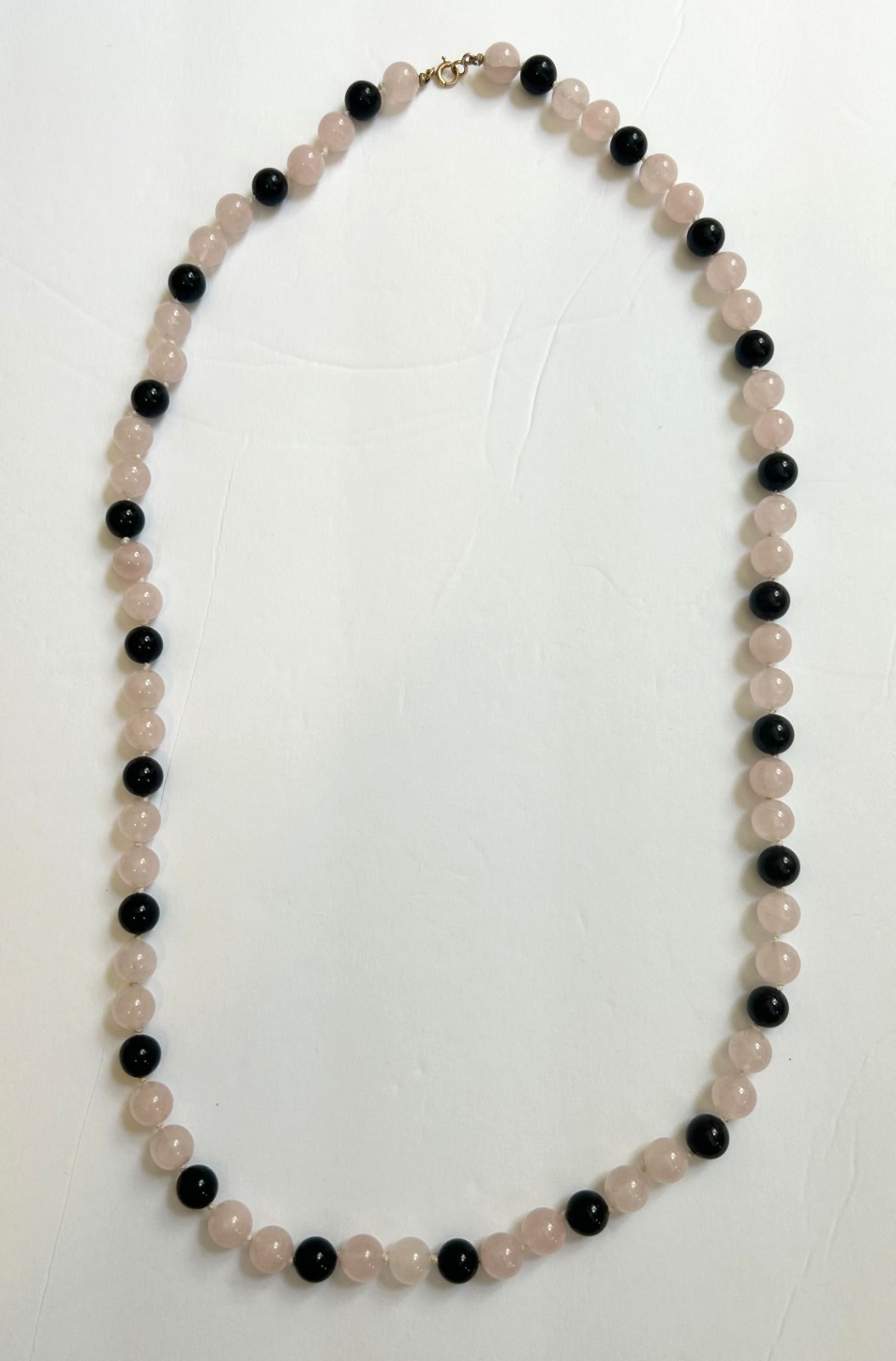 Vintage Rose Quartz Black Onyx Beaded Necklace With 14K Gold Clasp 30″ In Length