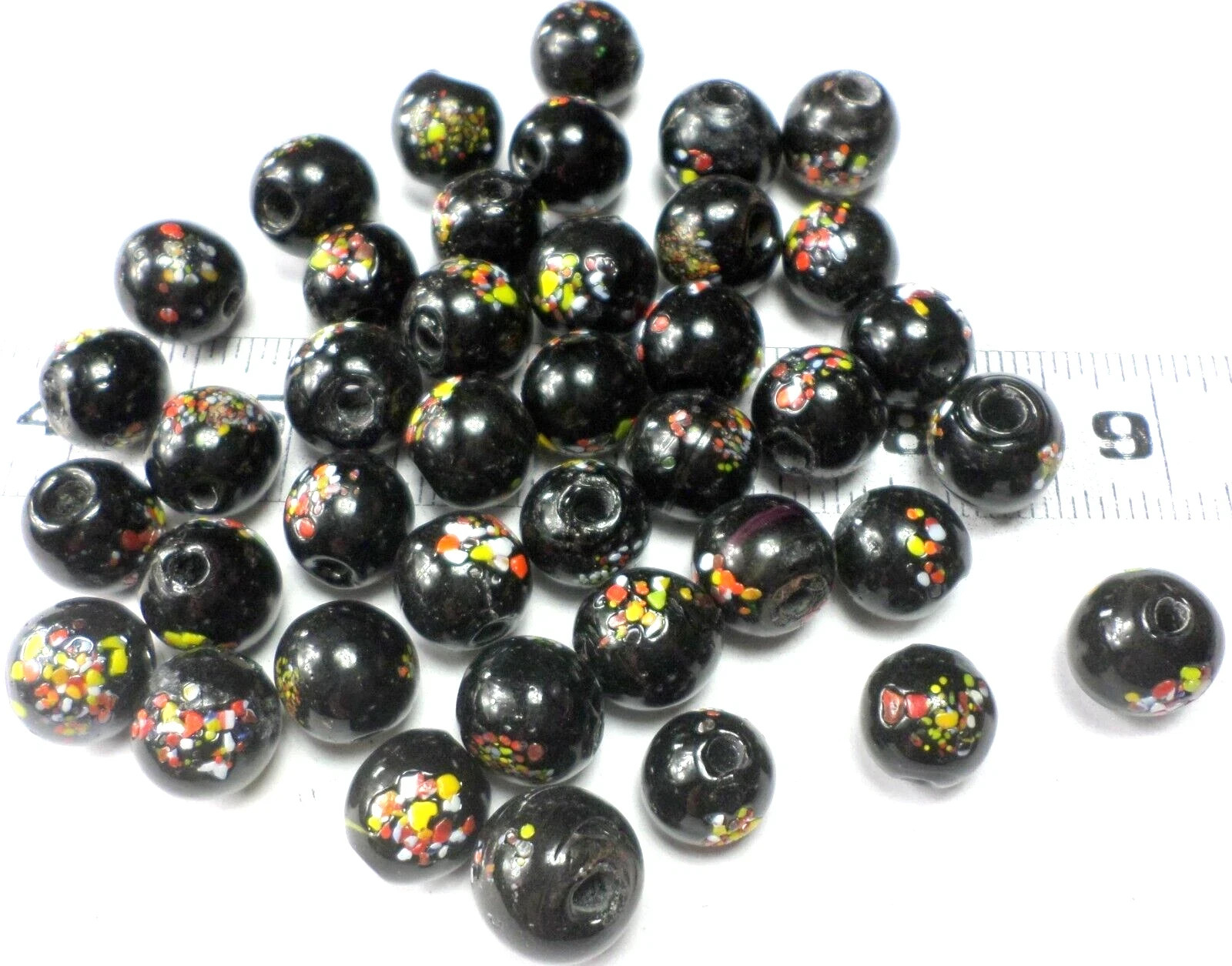 40 Yellow Red /Black Round Confetti Mosaic Glass Lampwork Beads w/4mm Hole 15mm