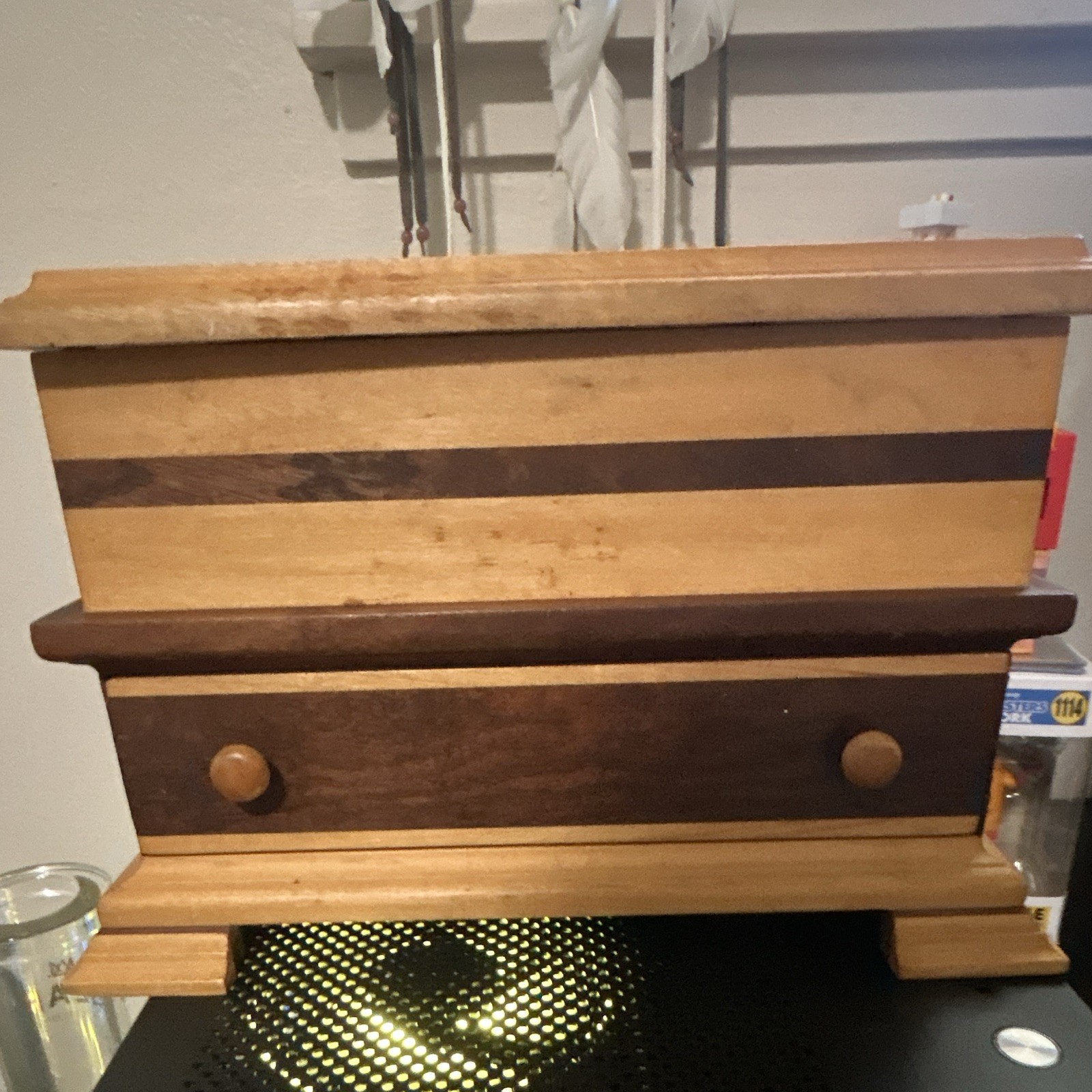 Wood Jewelry Box w/ Mirror Lid, Purple Velvet Lining, Ring Rolls & Drawer