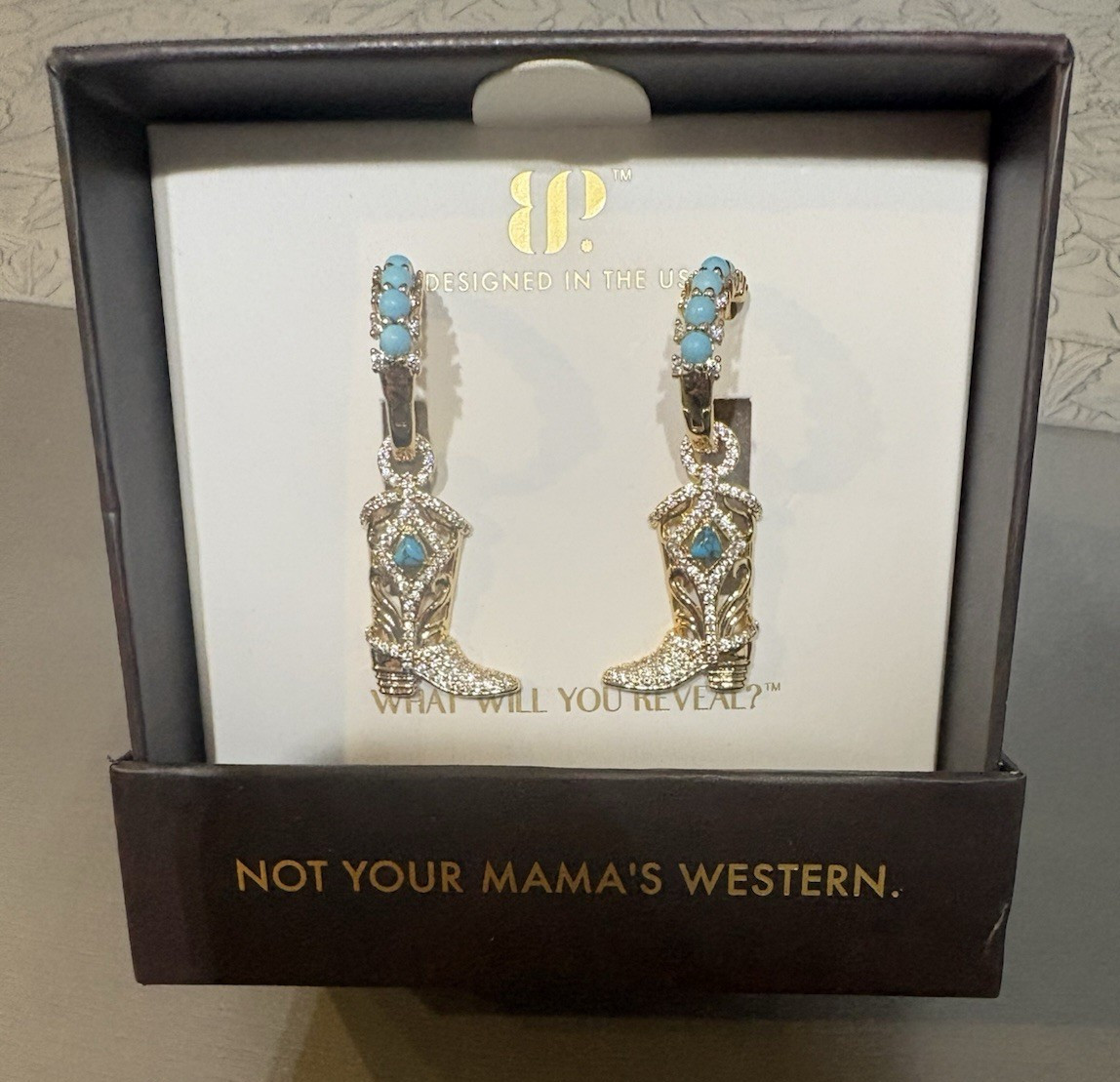P. ER35561 Gold Plated Western Boot Dangle Earrings Turquoise Magnesite CZ