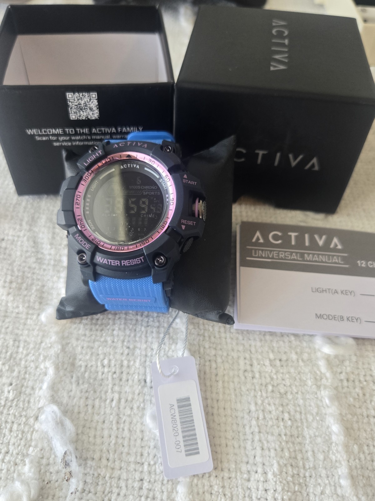 Activa Digital Quartz Sports Watch Blue Resin Strap Alarm Chrono WR30m 50mm -New