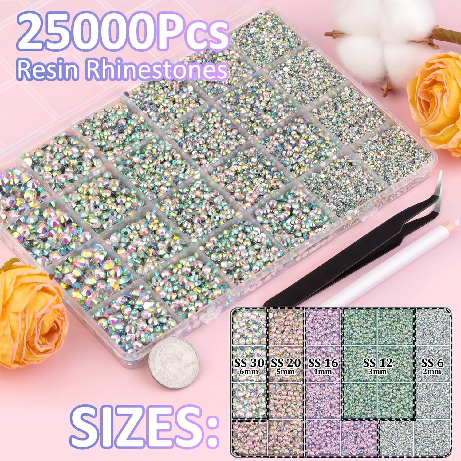 25000pcs Resin Rhinestones Flatback Non Hotfix AB Crystals 2-6mm Mixed Craft