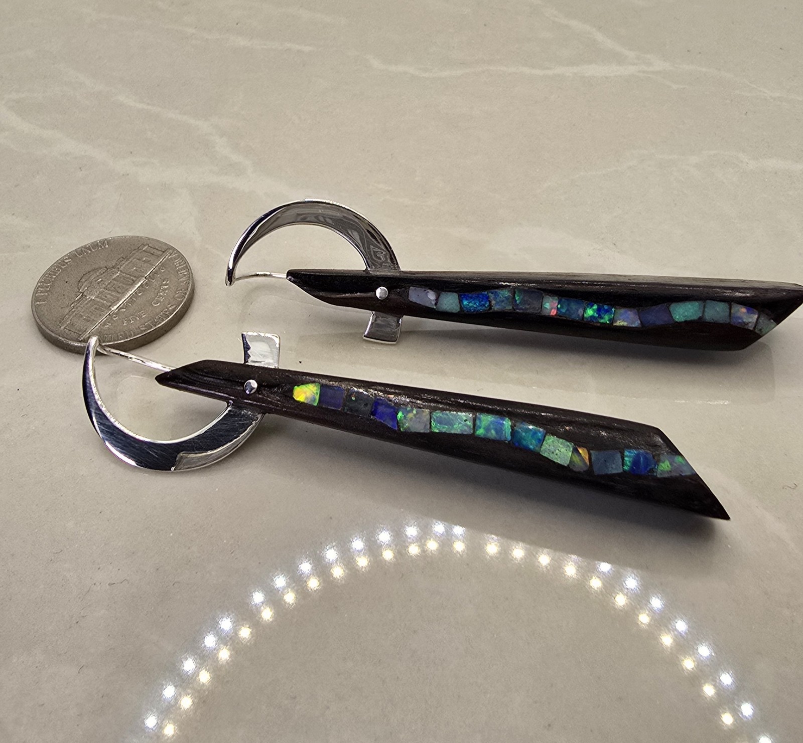 One of a Kind Hand Carved Ebony Earrings with Natural Opal Sterling Silver