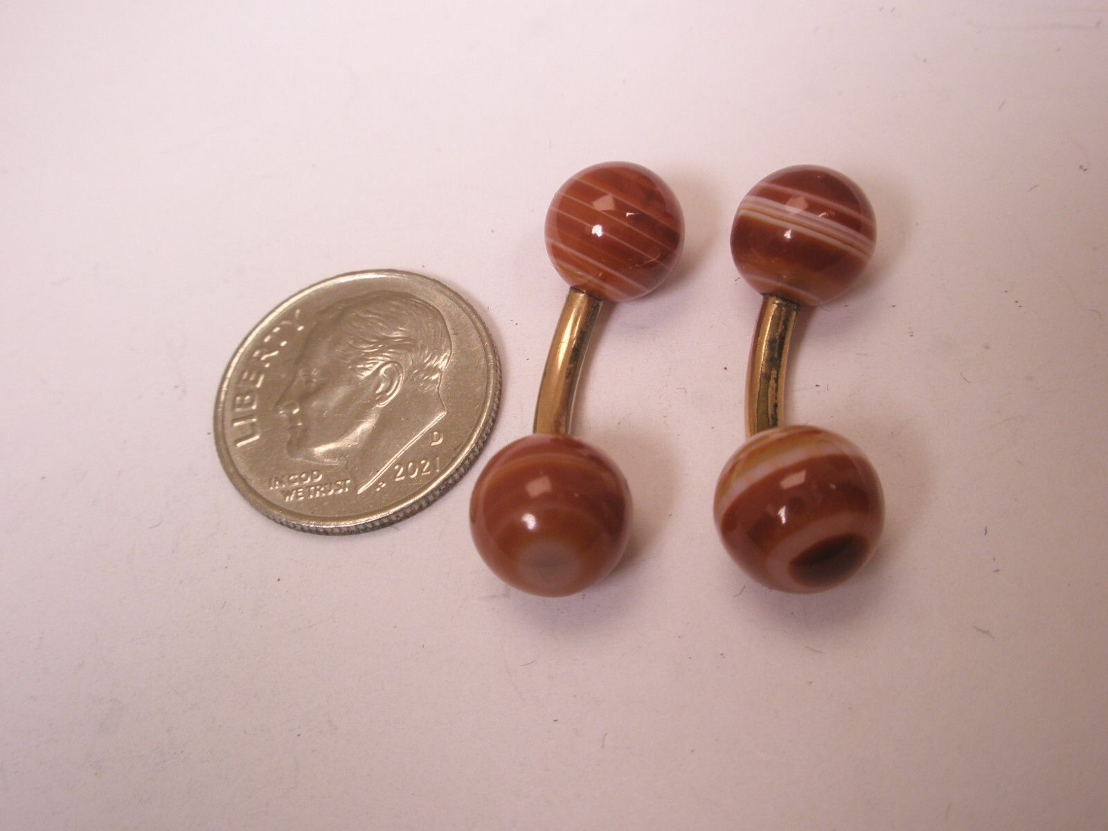 Banded Agate Ball-Ends Gold Plated Double Sided Vintage SMALL Cuff Links d143