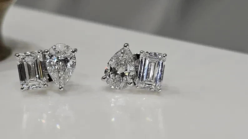 4TCW Emerald & Pear Lab Created Diamond Women’s Stud Earring 925 Sterling Silver