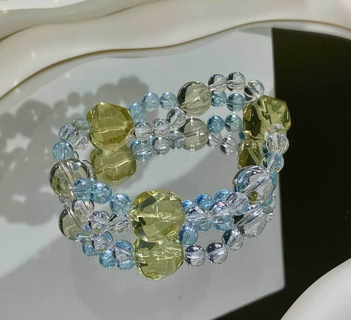 LUSA FEELA Natural Citrine Aquamarine Beaded Stretch Bracelet Gift Box