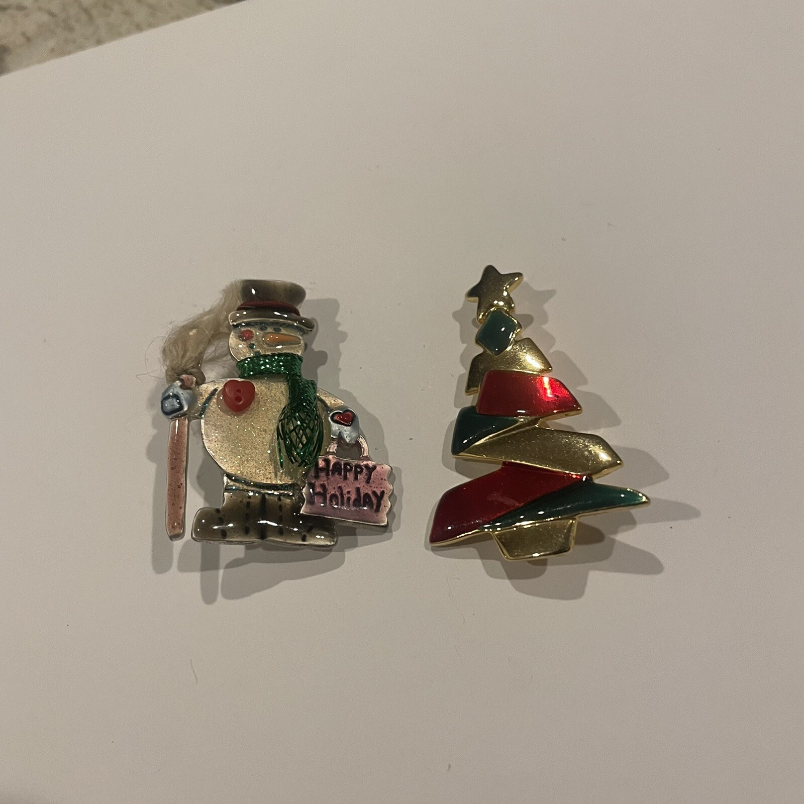 Danecraft Christmas Tree / AJMC Happy Holiday Snowman Lot Of 2 Brooch Pin