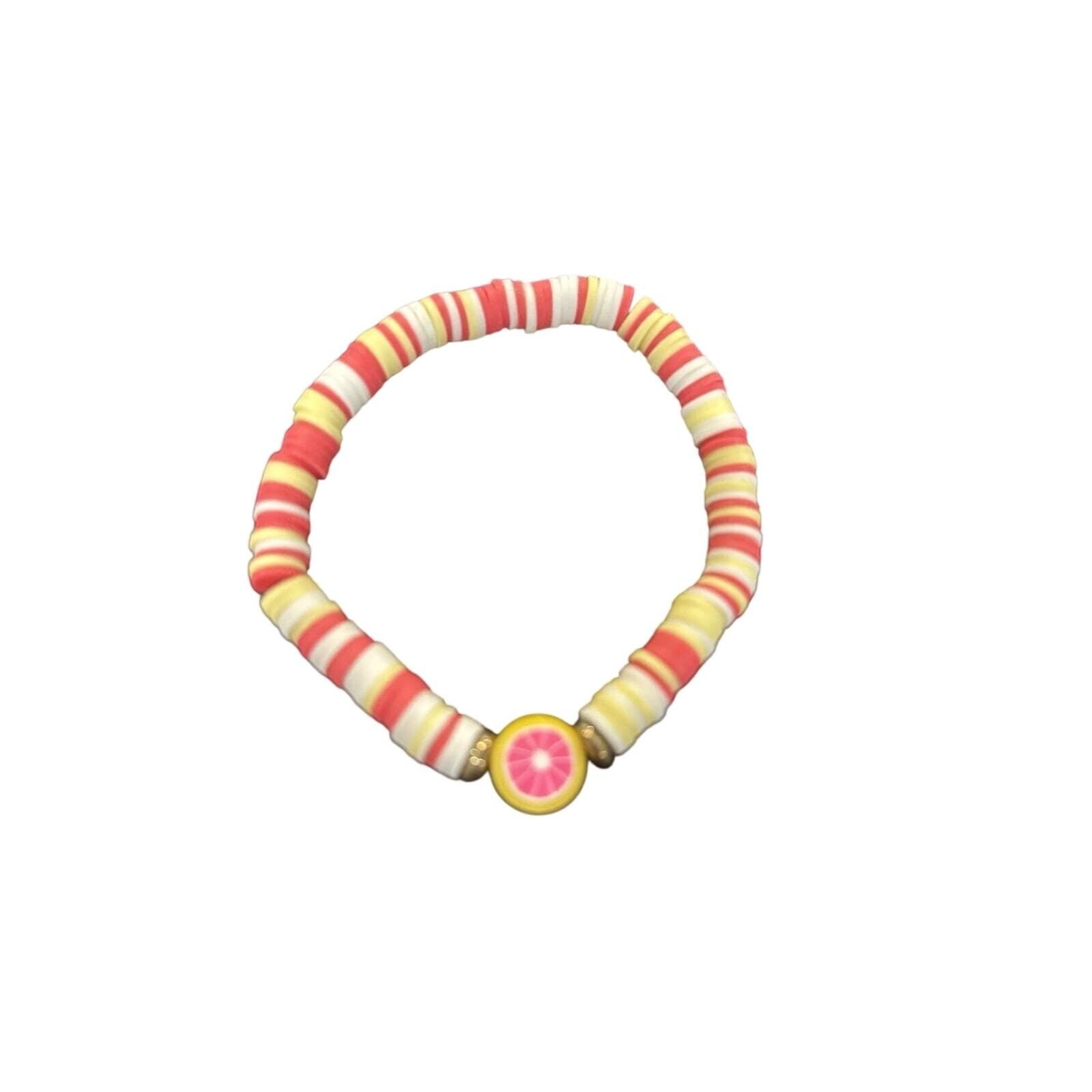 Adorable Colorful Pink/white/yellow Clay Bead Bracelets With Lemon Charm- summer