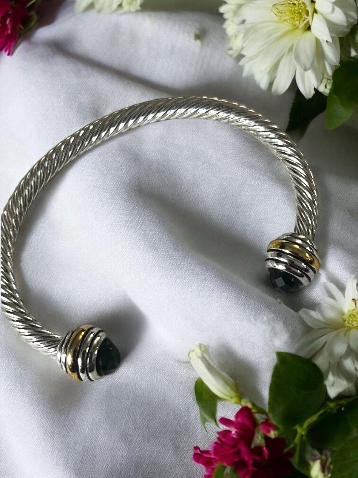 Silver Tone Twisted Open Cuff Bracelet with Black Faceted Stone Ends
