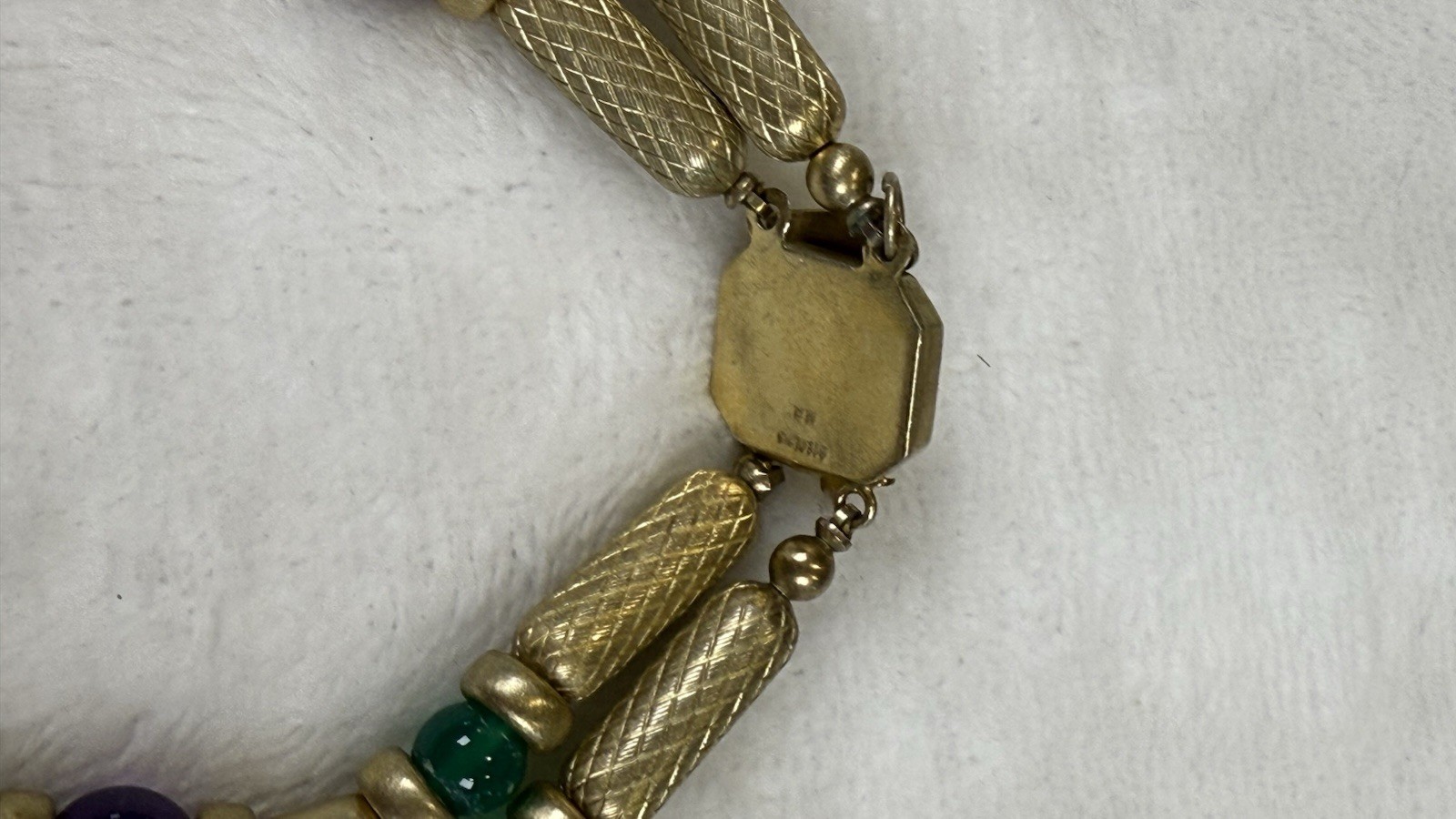 Vintage Sterling Clasp Beaded Necklace Gold Tone Purple Blue Green 2 Strand