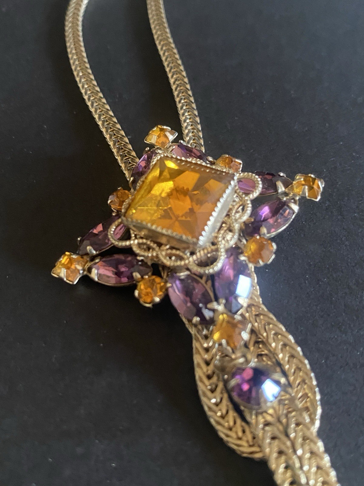 Fixed-Pendant Lariat Necklace Faux Citrine & Amethyst Herringbone Chain ’70s VTG