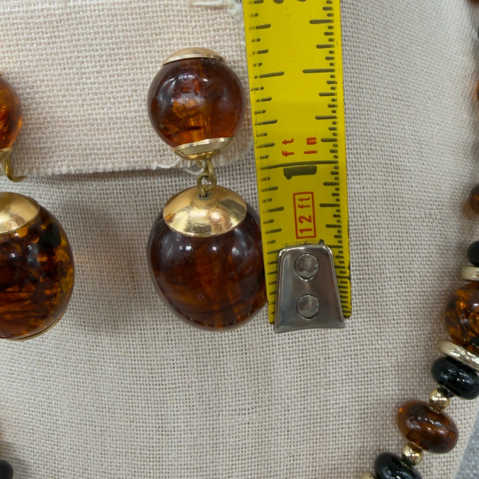 Vintage Lucite Necklace Earrings Jewelry Set Clip Ons Orange Brown Swirl Beaded