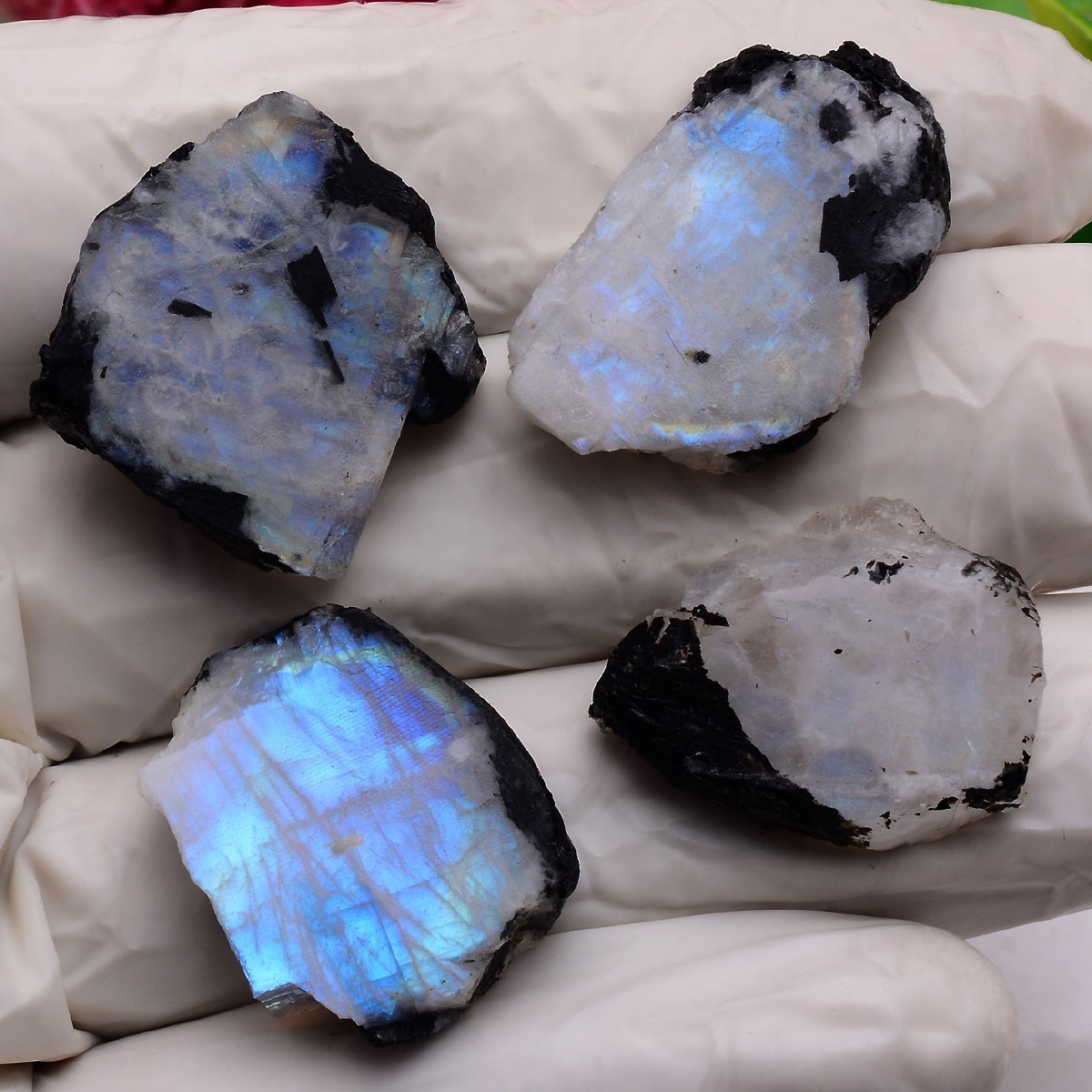 Blue Aurora~ Set Of 4 Pcs Natural Moonstone 25mm-29mm Rough Slabs Gemstones Lot