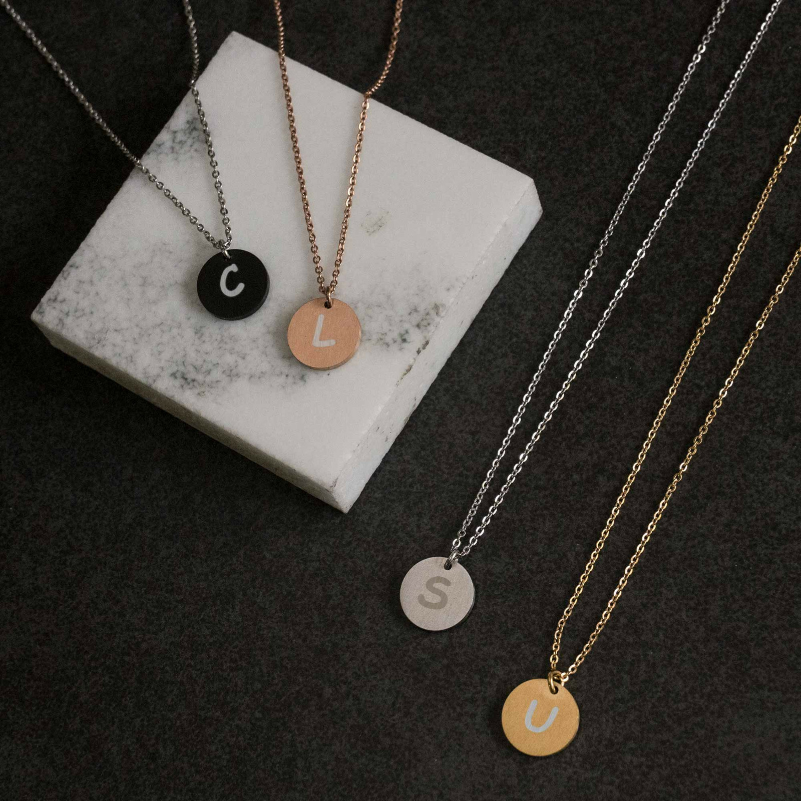 Engraved Black Metal Initial Letter Disc Pendant Chain Necklace 18.5 in + 2.5 in