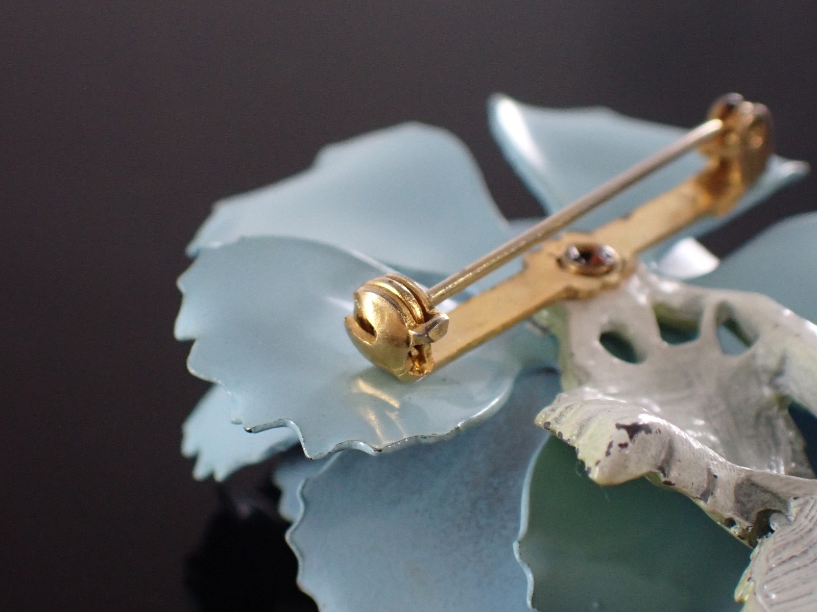 Vintage Blue Enamel Flower Brooch Glass Rhinestone Center Mid Century