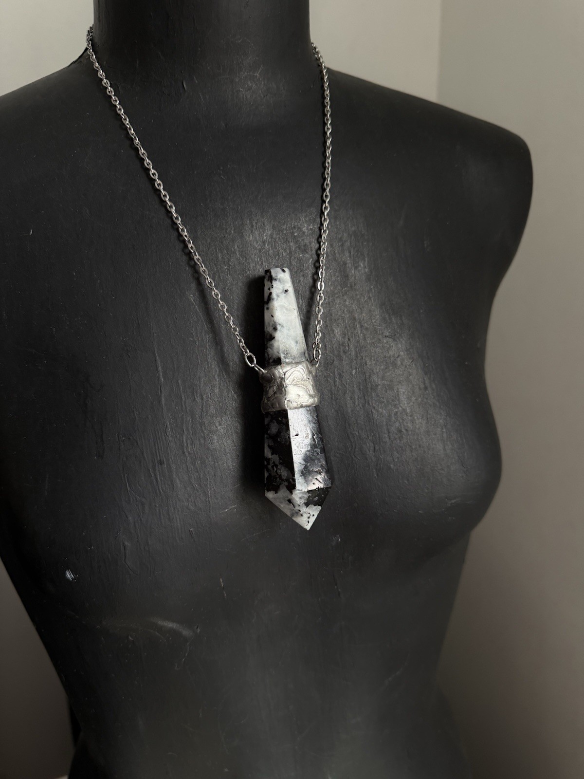 Moonstone black tourmaline crystal necklace pendant talisman statement jewelry