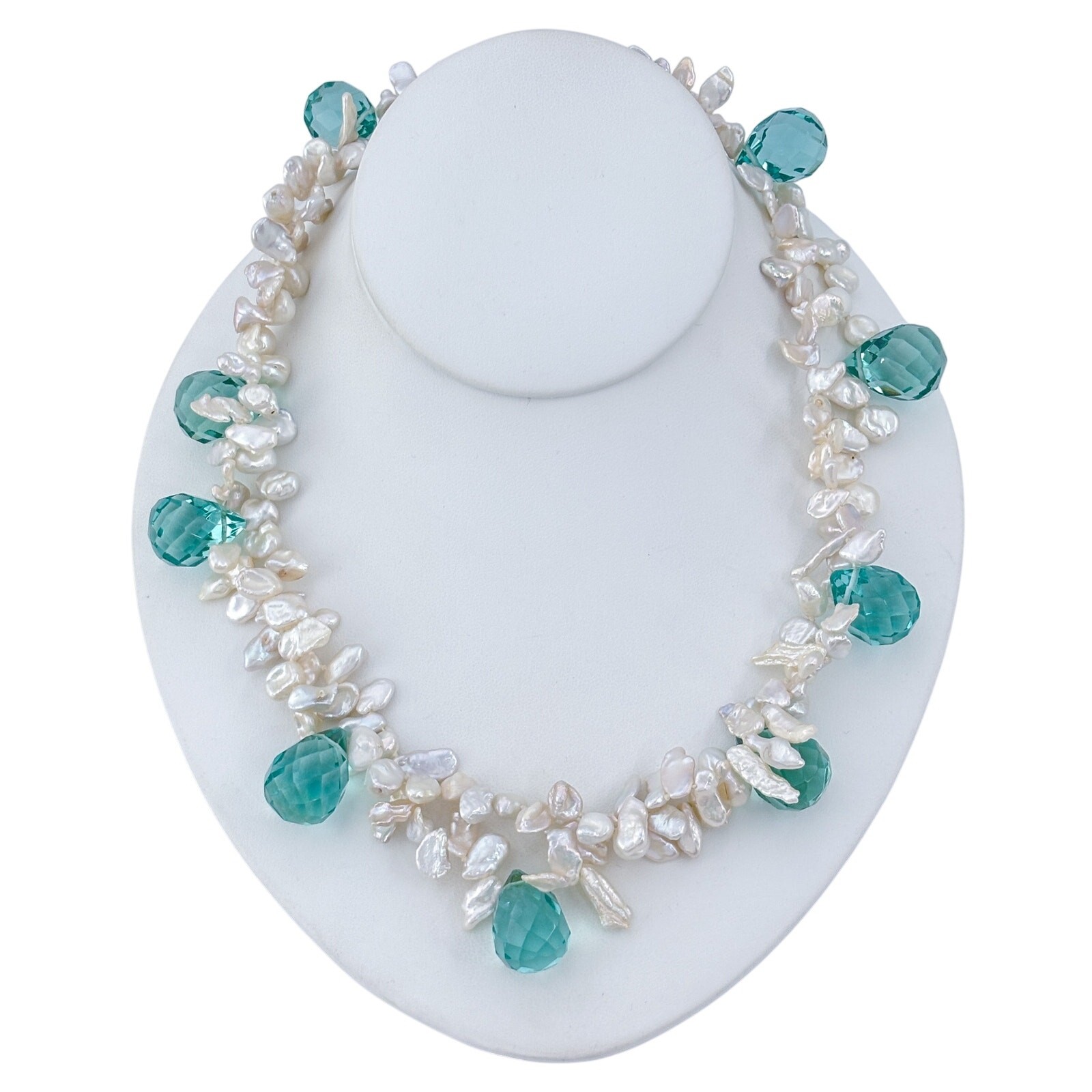 Vintage Sterling Silver 925 Pearl Teal Faceted Crystal Prism Necklace 19″