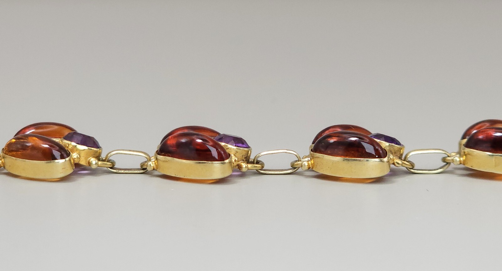 Antique 14k Yellow Gold Natural Amethyst & Amber Handmade Bracelet Leaf 7″ 15g