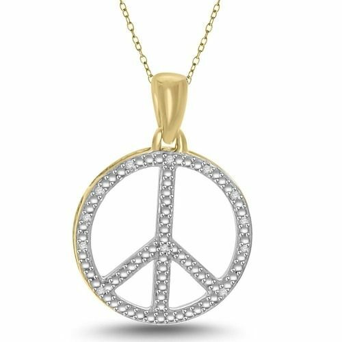 Peace Pendant Necklace Natural Diamond 14K Yellow Gold Plated Silver