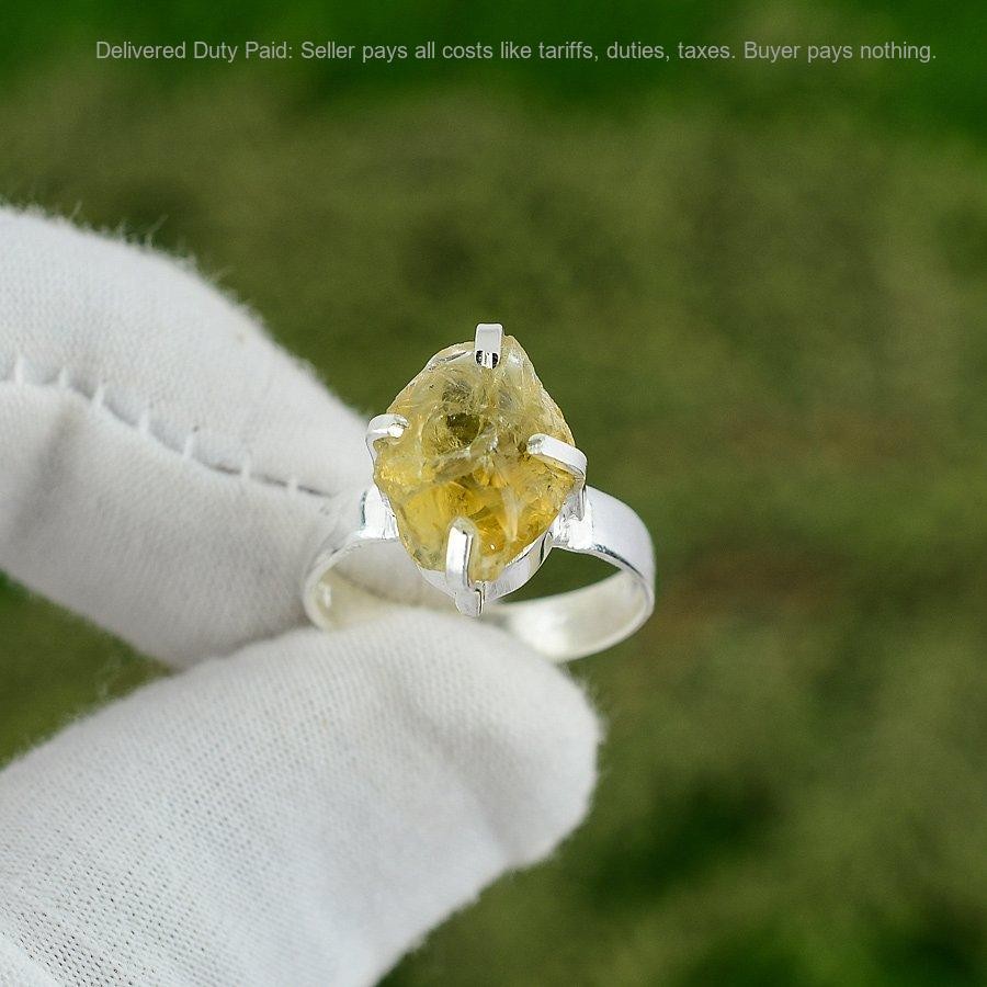 Pentagon Citrine Rough Stone Solitaire Wedding Ring Size 7.5 925 Sterling Silver