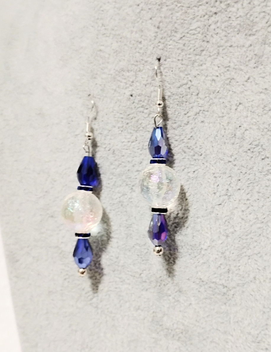 Handcrafted Jewelry Unique Facet Cut Sparkling Iridescent & Blue 2″ Earrings
