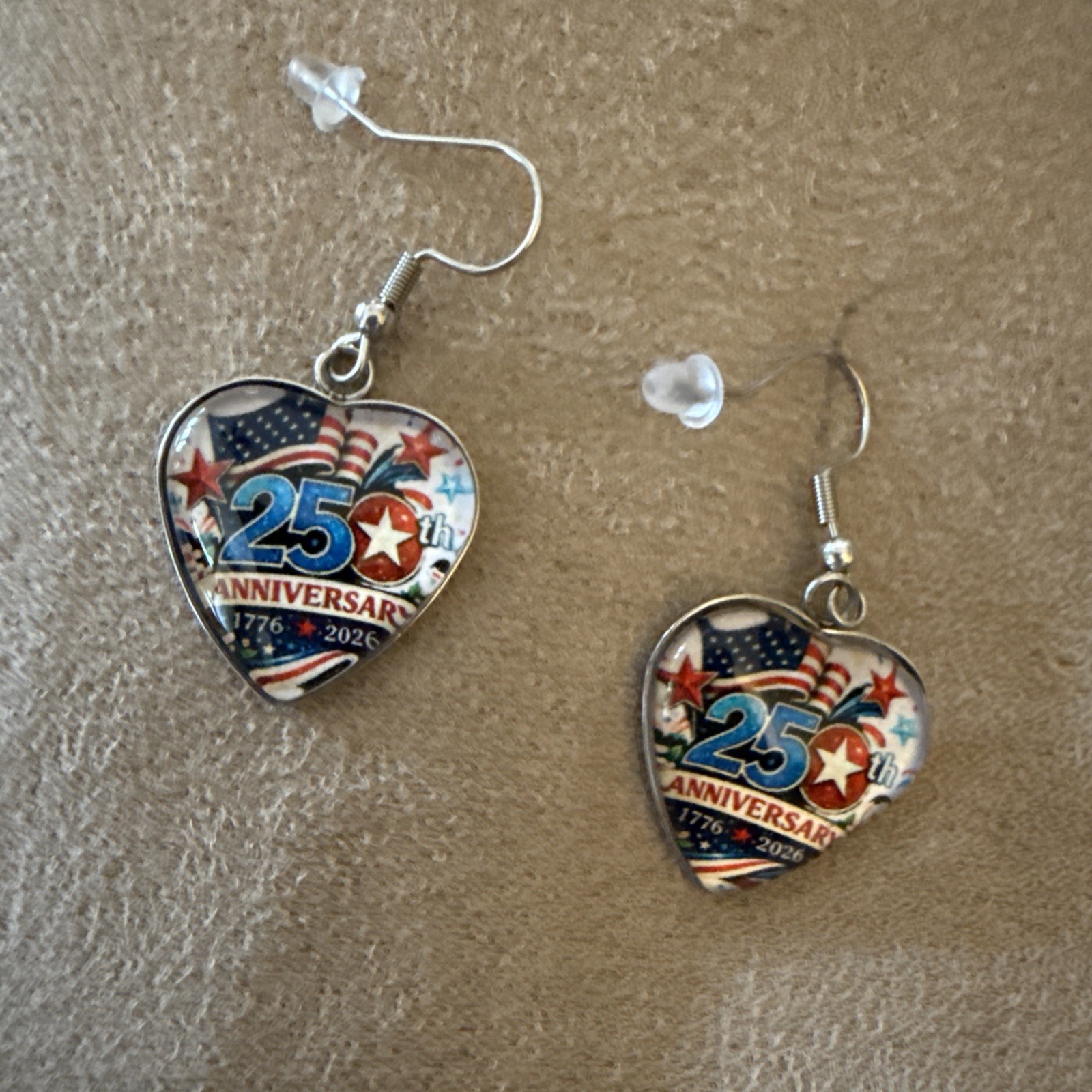 Love These 250th Anniversary W/American Flags Dangle Heart Shaped Earrings